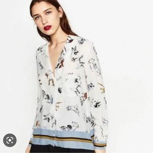 ZARA long sleeve collared button down blouse top in dog print